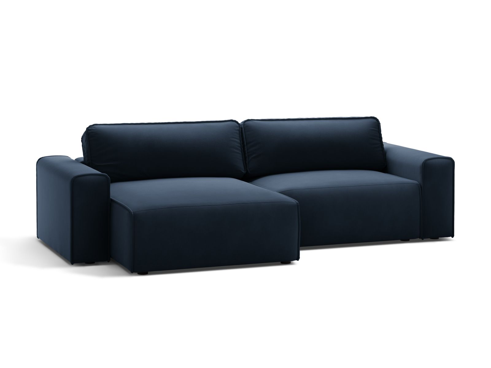 Elegantes 3-Sitzer Ecksofa Victor in Dunkelblau mit Schlaffunktion und praktischem Stauraum, ideal für moderne Wohnräume.