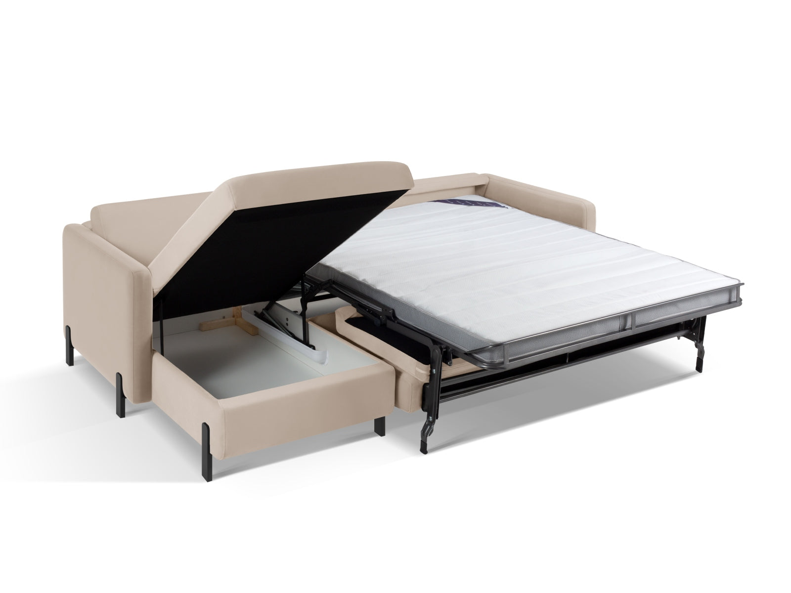 Elegantes linksseitiges Ecksofa in Velours, ideal für entspannte Abende, mit Schlaffunktion und cleverem Stauraum für mehr Ordnung.