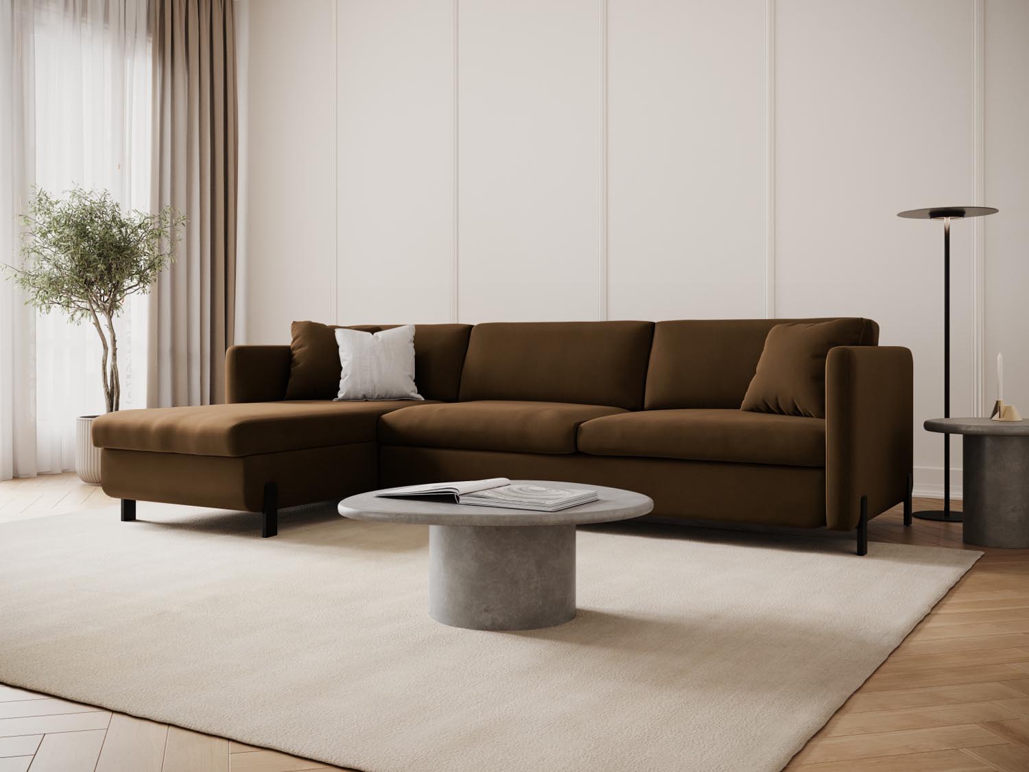 Elegantes linksseitiges Ecksofa Gloria Velour in Schokoladenfarbe, ideal für Schlafkomfort und Stauraum, perfekt für jedes Wohnzimmer.