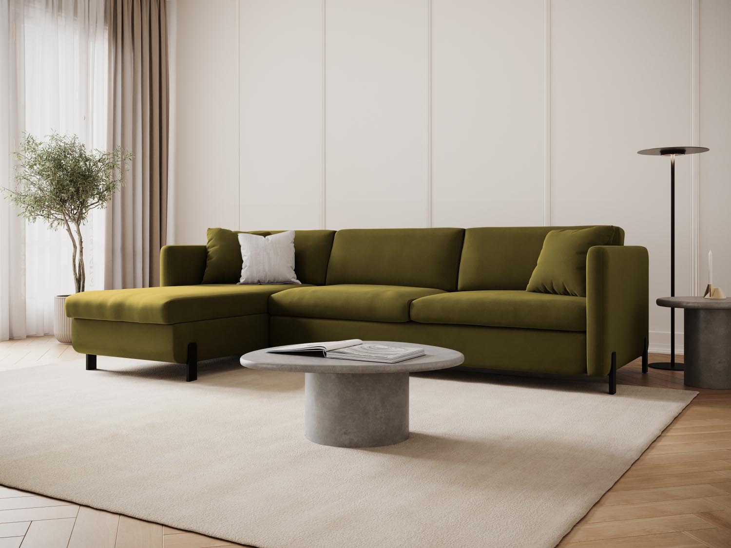 Elegantes linksseitiges Ecksofa Gloria Velour in Grün mit Schlaffunktion und praktischem Stauraum, ideal für stilvolle Wohnräume.
