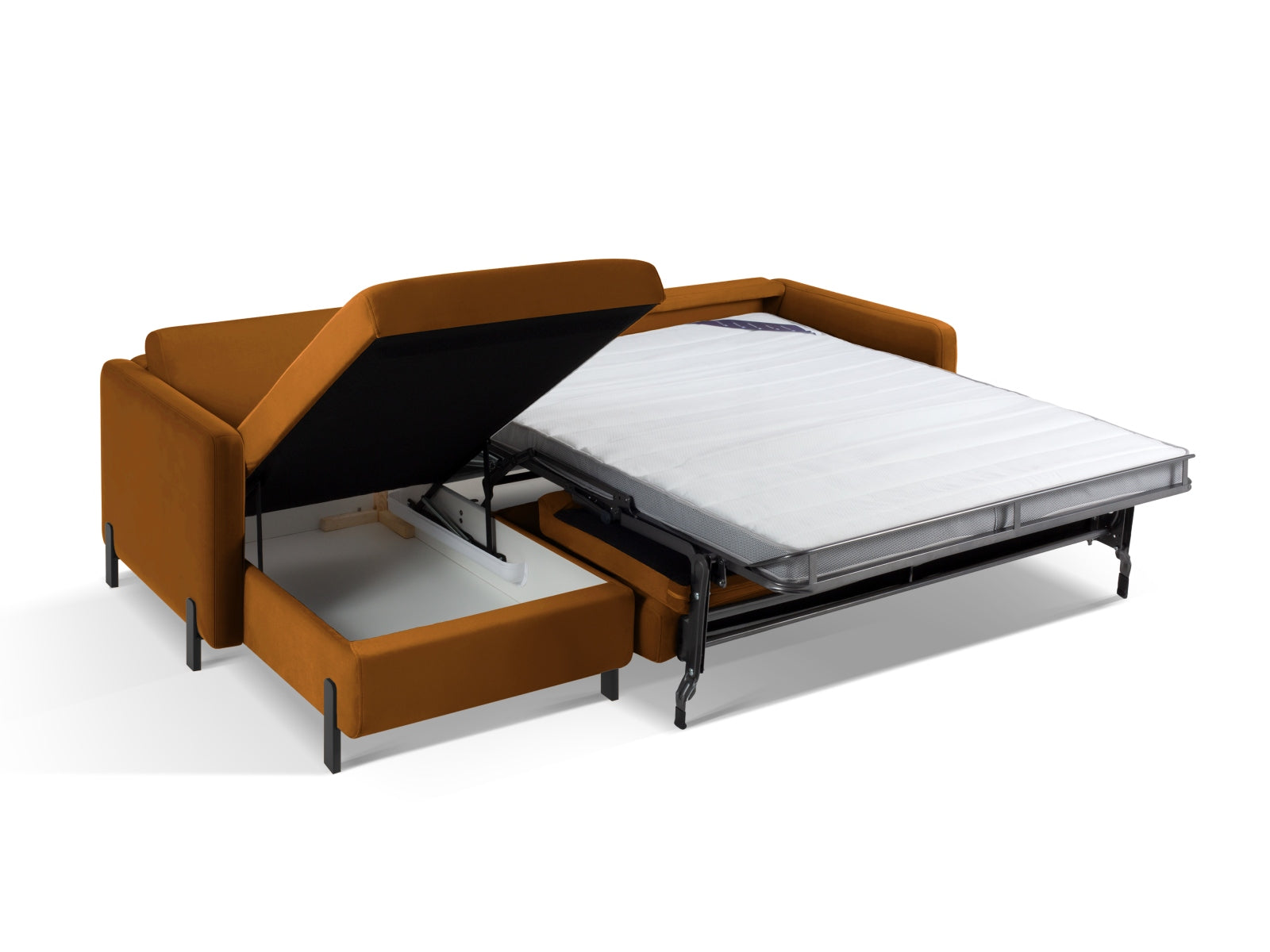 Stylisches linksseitiges Velours-Ecksofa mit Schlaffunktion und praktischem Stauraum, perfekt für entspannte Stunden und modernes Wohnen.