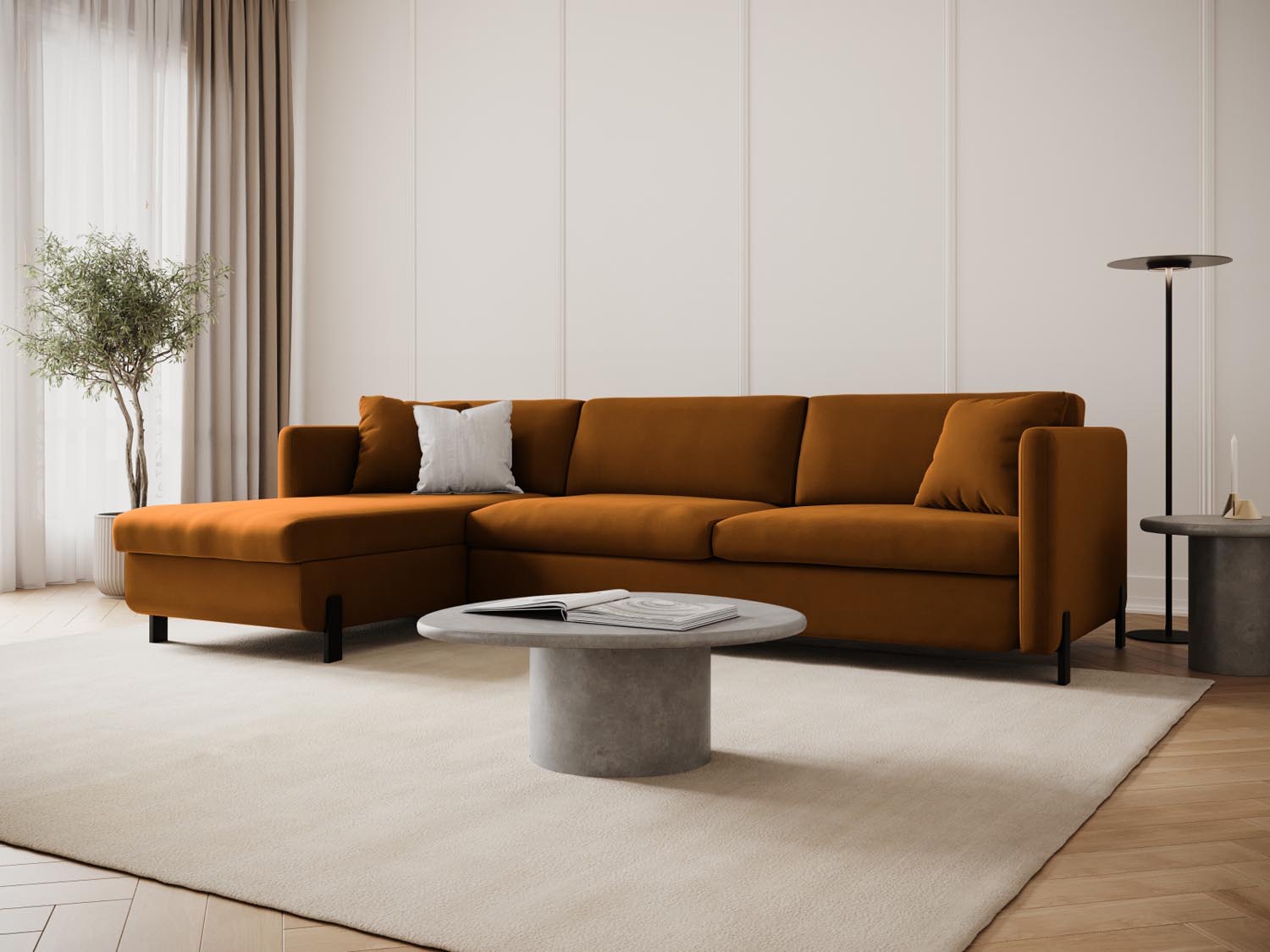 Elegantes Gloria Velour Ecksofa in Braun mit Schlaffunktion und Stauraum, ideal für stilvolle Wohnräume und gemütliche Nächte.