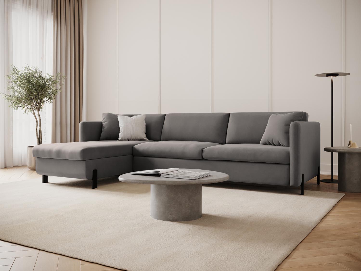 Stylisches linksseitiges Ecksofa Gloria Velour in Grau mit Schlaffunktion und praktischem Stauraum, ideal für jedes Wohnzimmer.