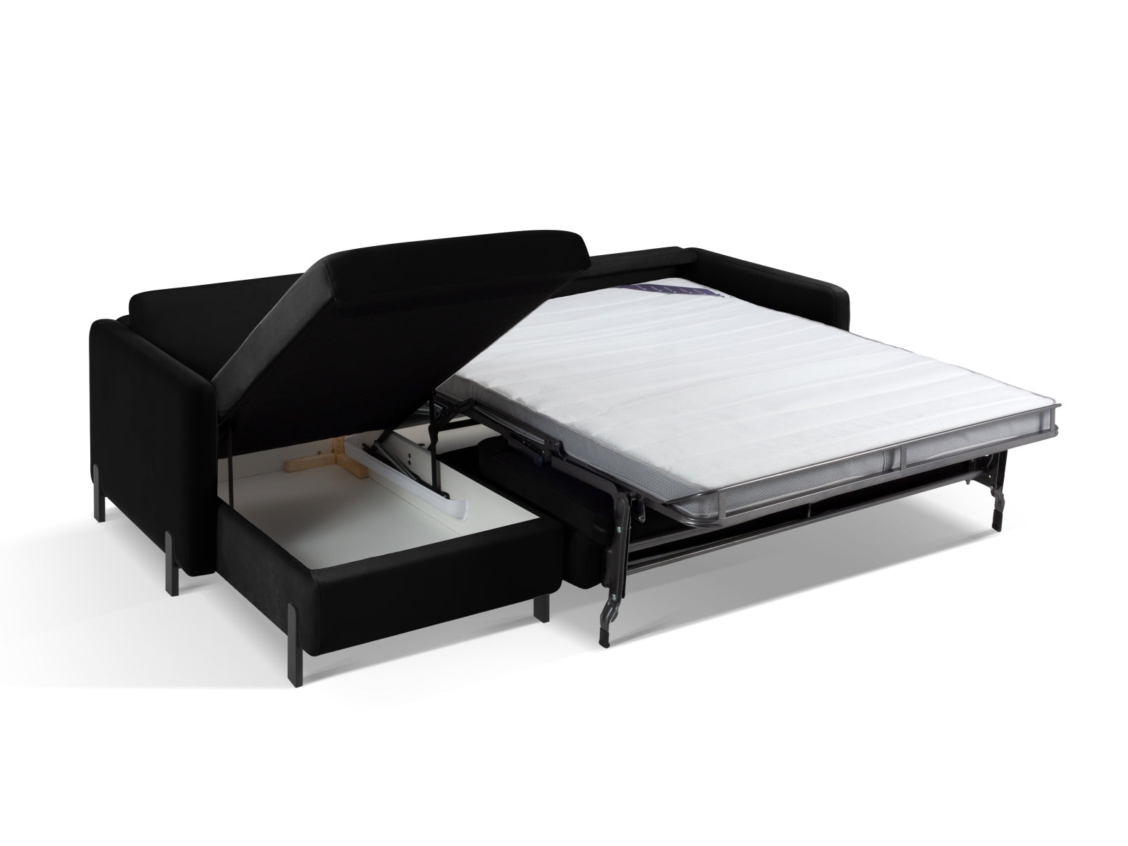 Modernes linksseitiges Ecksofa Gloria Velour in Schwarz, ideal für Schlafbedarf und zusätzlichen Stauraum, perfekt für jedes Wohnzimmer.