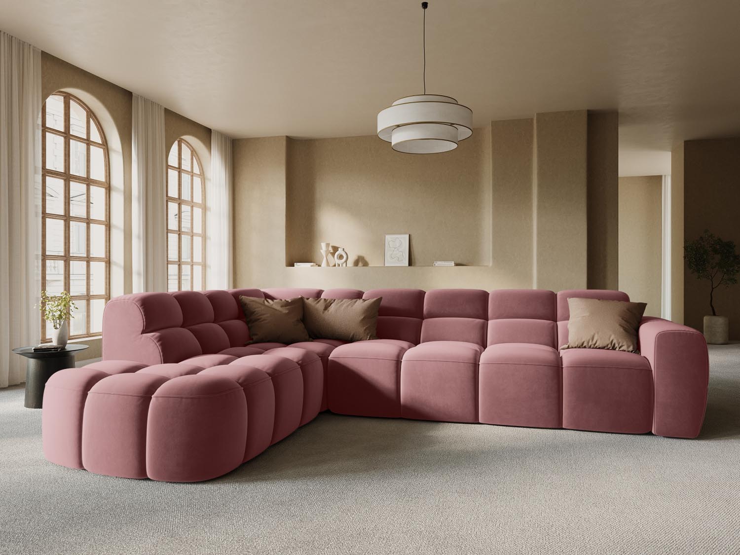 Lisa Velour links Ecksofa 5 Sitzer in Flamingo präsentiert im Onlineshop von KAQTU Design AG. Ecksofa links ist von Micadoni