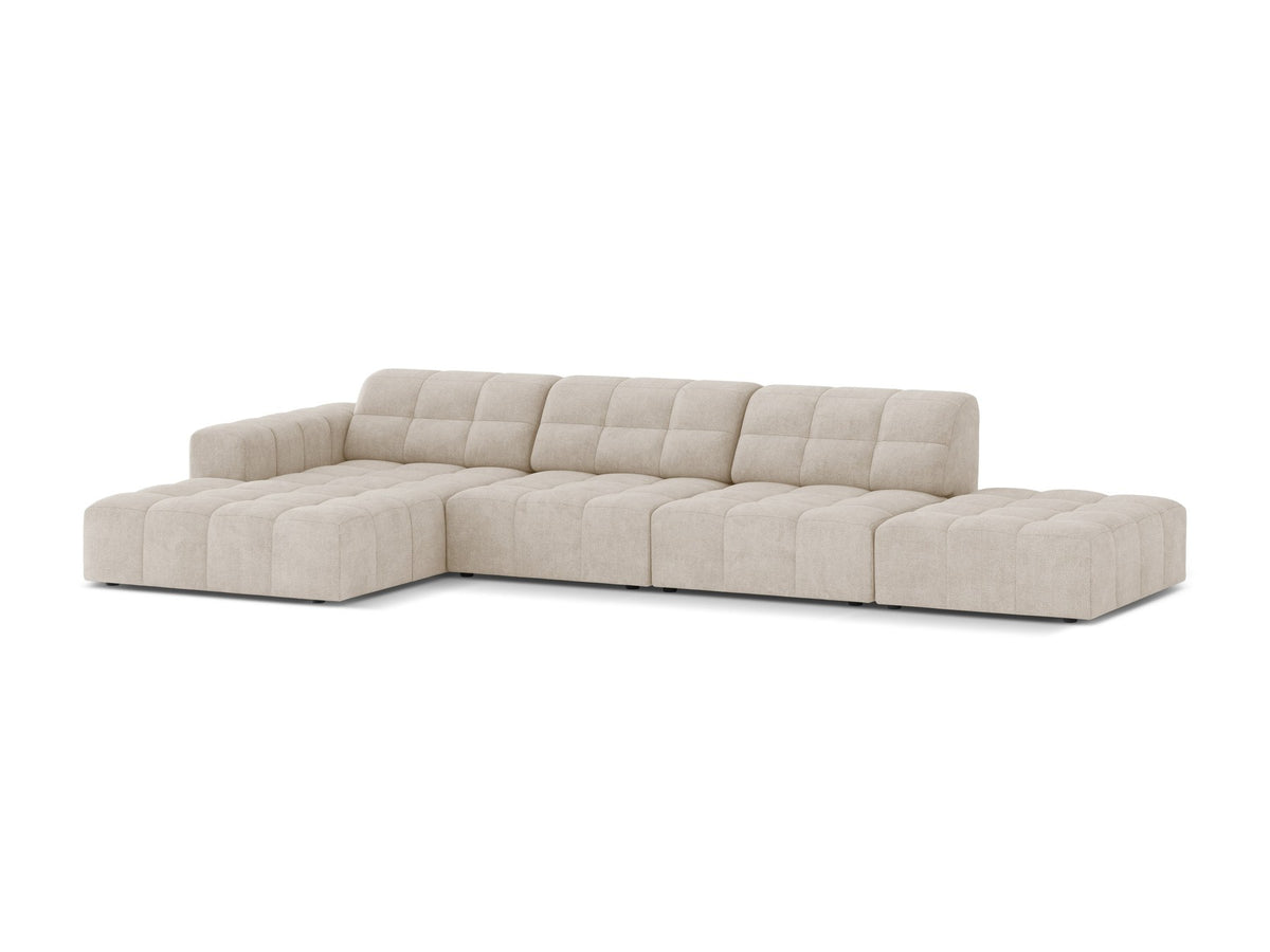 Linkes Ecksofa Jennifer von Micadoni in leichtem Beige mit Bluvel-Stoffbezug, L-Form und schwarzen Kunststoffbeinen aus Polypropylen