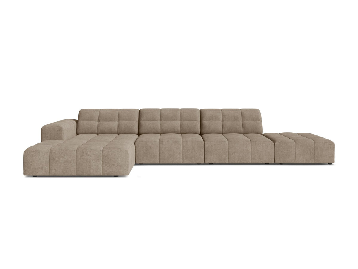 Linkes Ecksofa Jennifer von Micadoni in leichtem Beige mit Bluvel-Stoffbezug, L-Form und schwarzen Kunststoffbeinen aus Polypropylen