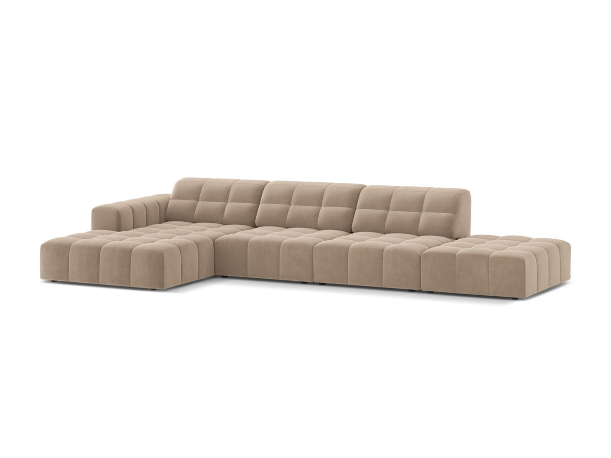 Linkes Ecksofa Jennifer von Micadoni in leichtem Beige mit Bluvel-Stoffbezug, L-Form und schwarzen Kunststoffbeinen aus Polypropylen
