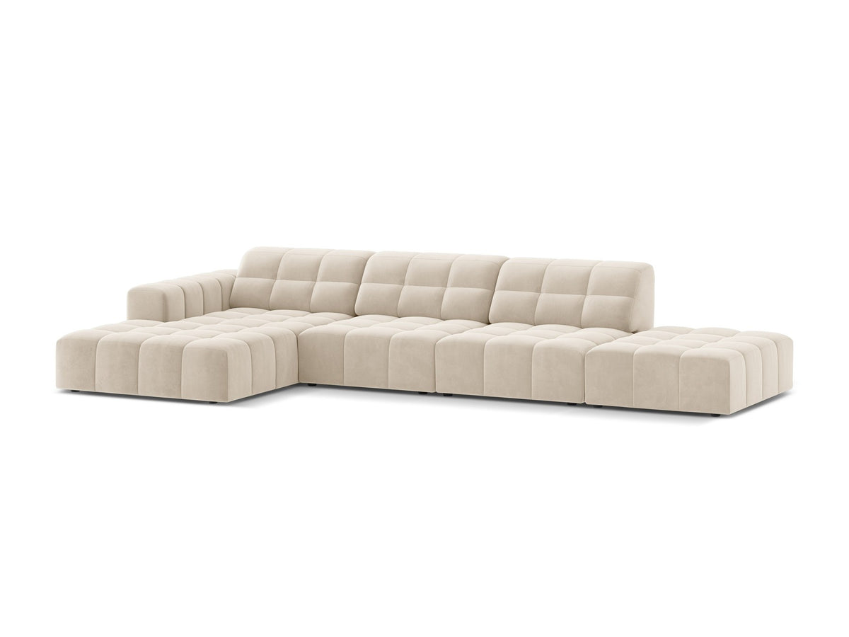 Linkes Ecksofa Jennifer von Micadoni in leichtem Beige mit Bluvel-Stoffbezug, L-Form und schwarzen Kunststoffbeinen aus Polypropylen