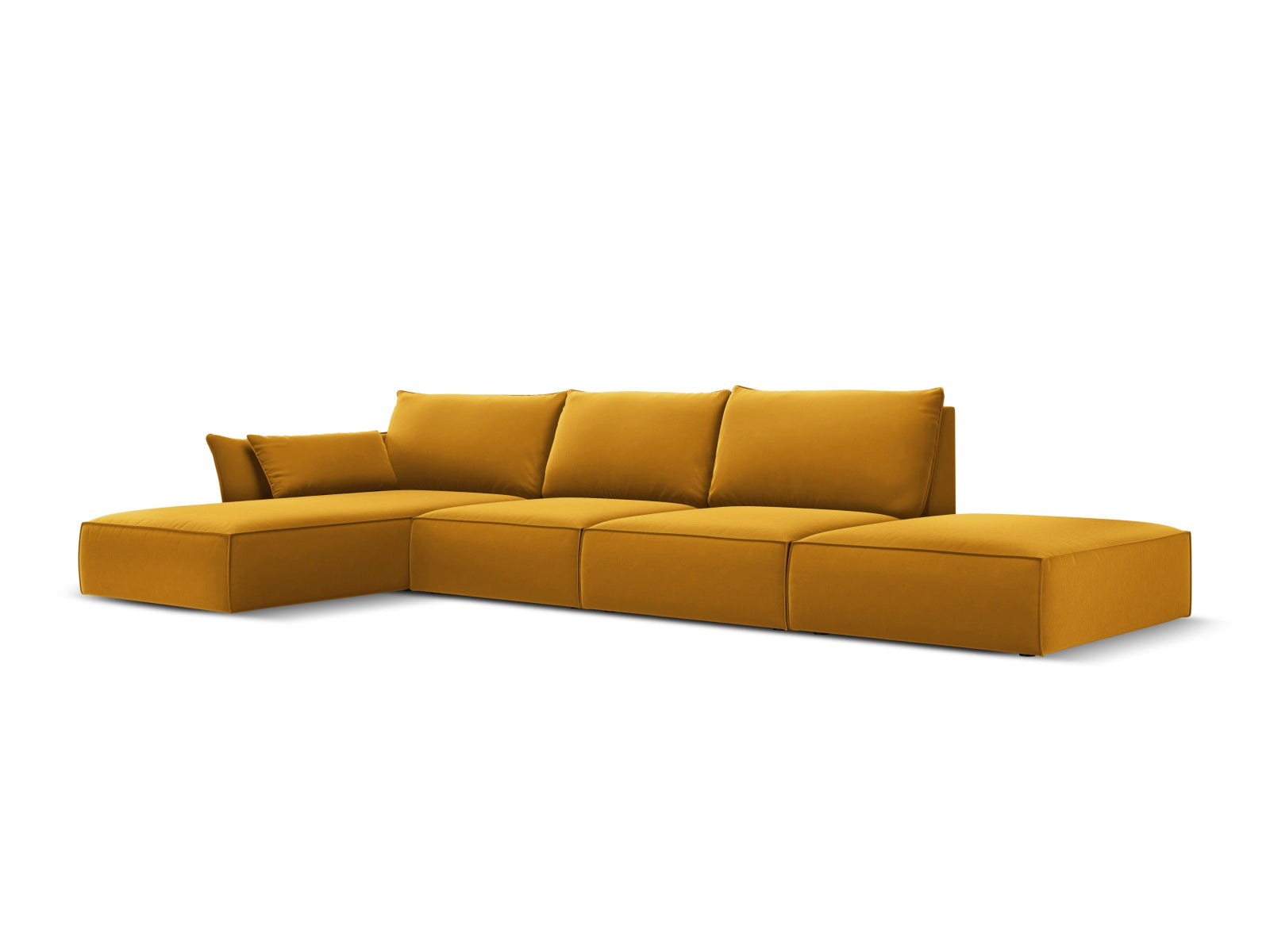 Elegantes Kaelle Velour Ecksofa in Gelb-Blau, 5-Sitzer, linksseitig, ideal für stilvolle Wohnräume, erhältlich bei KAQTU Design AG.