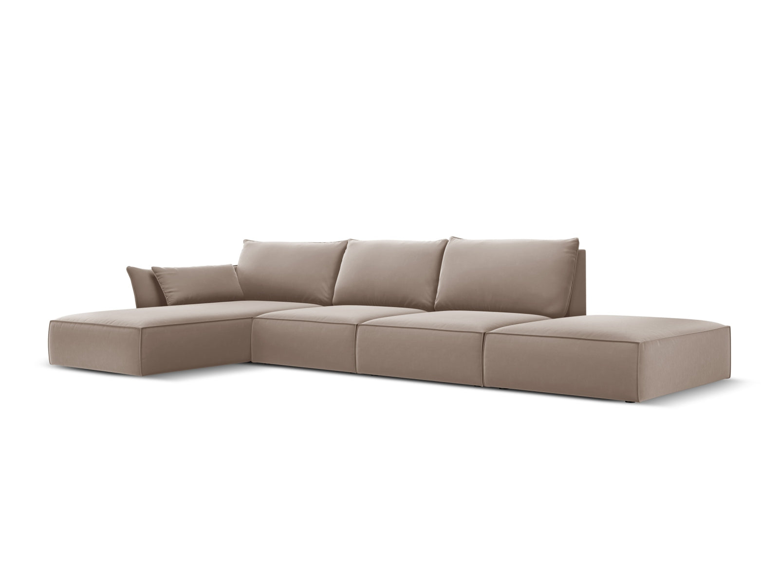 Elegantes Kaelle Velour Ecksofa links, 5 Sitzer in stilvollem Cappuccino-Bluvel, ideal für moderne Wohnräume.