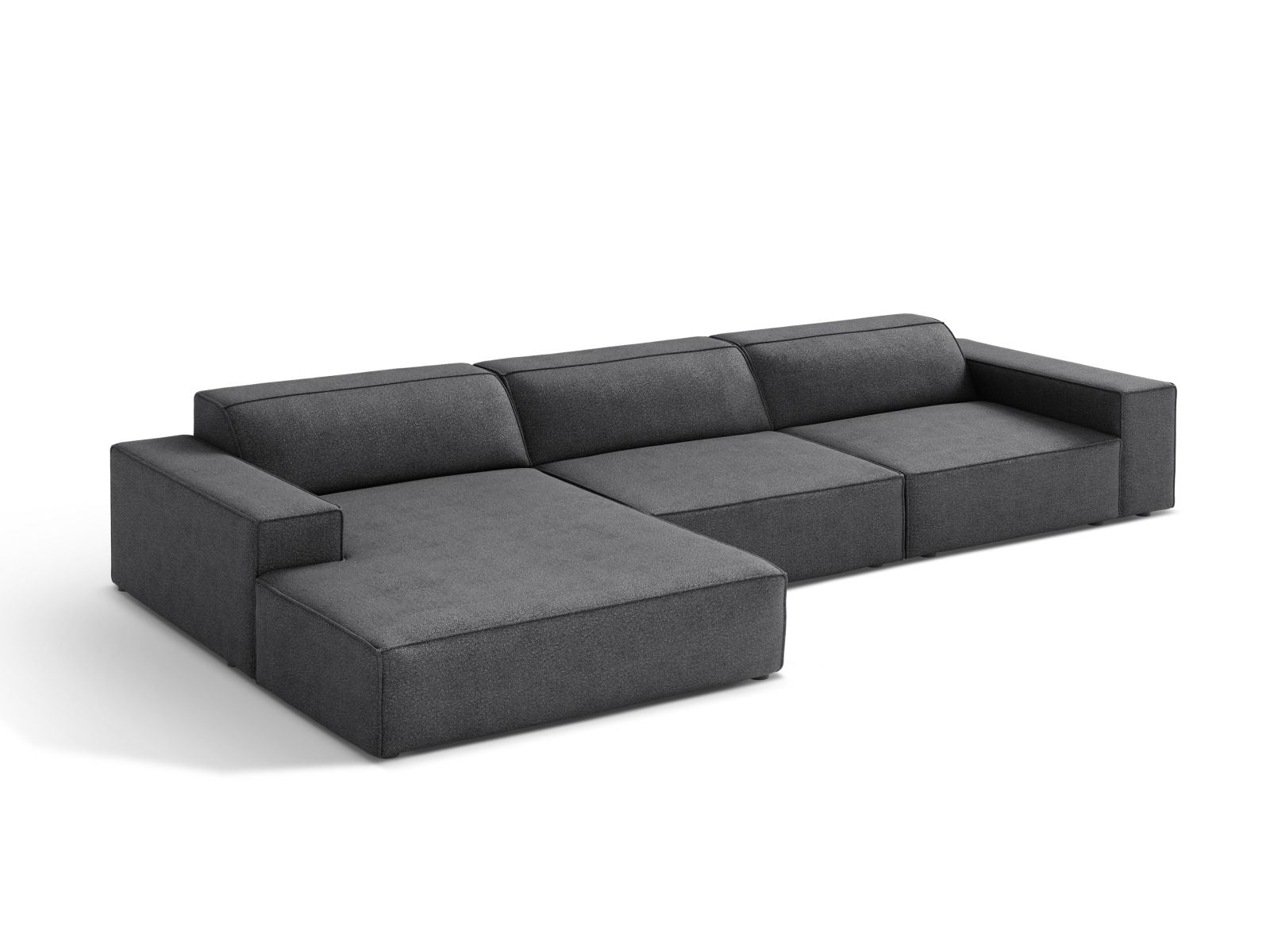 Elegantes Jodie Boucle Ecksofa links in Dunkelgrau, 4-Sitzer, ideal für stilvolle Wohnräume, erhältlich bei KAQTU Design AG.