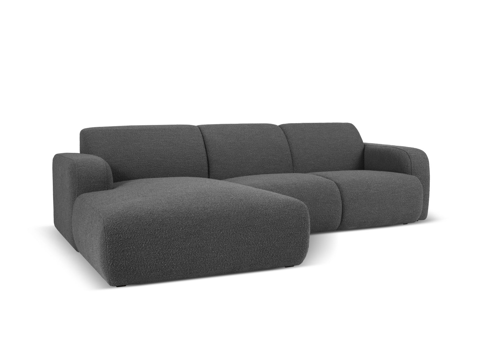 Elegantes Molino Boucle Ecksofa links für 4 Personen in Dunkelgrau, stilvoll und modern, ideal für jedes Wohnzimmer.