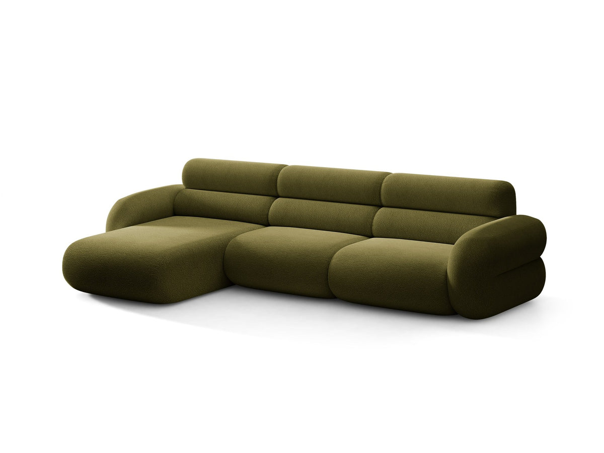 Linkes L-Ecksofa Neo von Micadoni in Dunkles Olivgrün, mit hoher Rückenlehne, schwarzen Kunststoffbeinen und tiefer gepolsterter Sitzfläche.