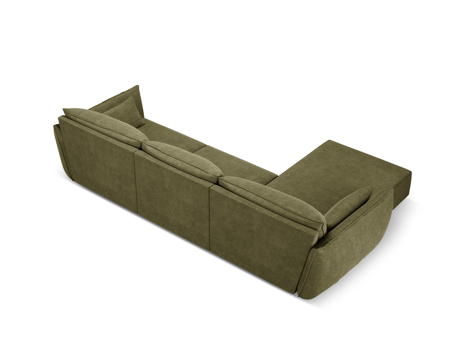 Elegantes Kaelle Ecksofa links, 4-Sitzer in trendigem Grün, perfekt für stilvolle Wohnzimmer und gemütliche Entspannung.