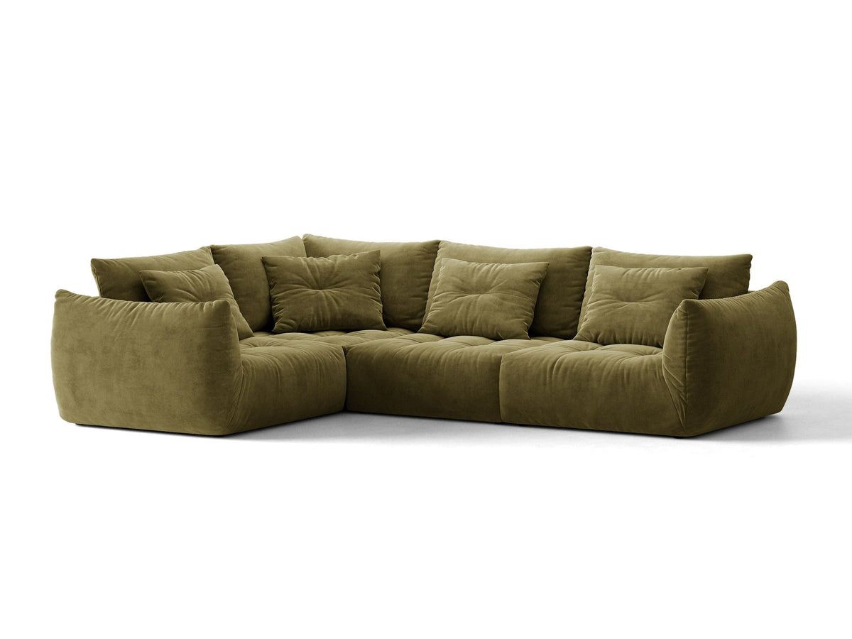 Modulares Ecksofa links Bloom von Micadoni in leichtem Beige, Veloursstoff Casino Pearl, schwarze Kunststoffbeine, tiefe Sitzfläche.
