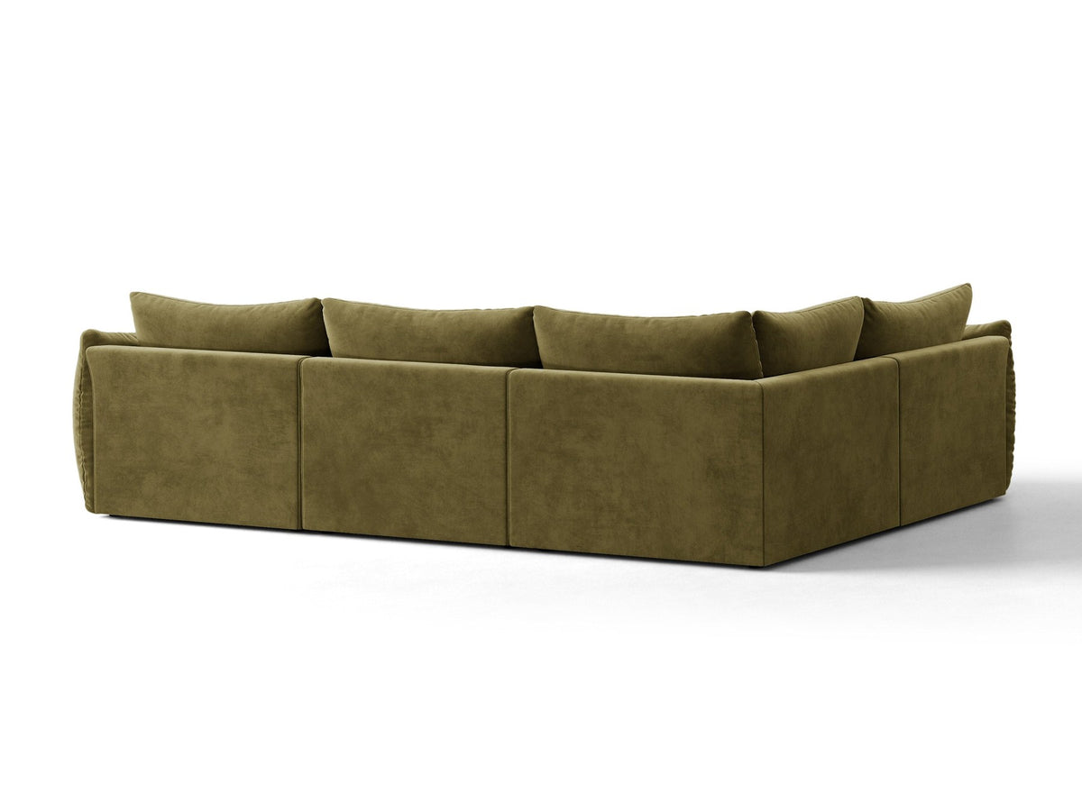 Modulares Ecksofa links Bloom von Micadoni in leichtem Beige, Veloursstoff Casino Pearl, schwarze Kunststoffbeine, tiefe Sitzfläche.