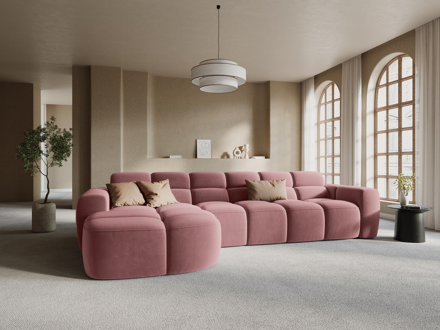 Lisa Velour links Ecksofa 4 Sitzer in Flamingo präsentiert im Onlineshop von KAQTU Design AG. Ecksofa links ist von Micadoni