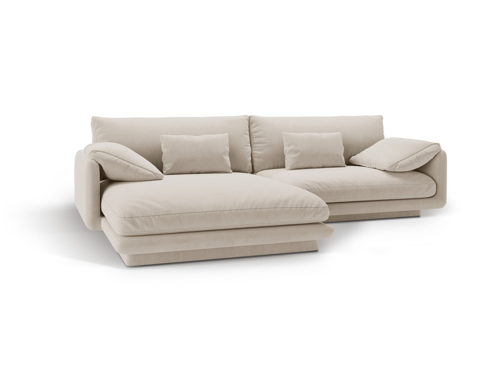 Elegantes 4-Sitzer L-Sofa Torino aus weichem Velour in Ecru, linksseitig, ideal für stilvolle Wohnräume von Micadoni.