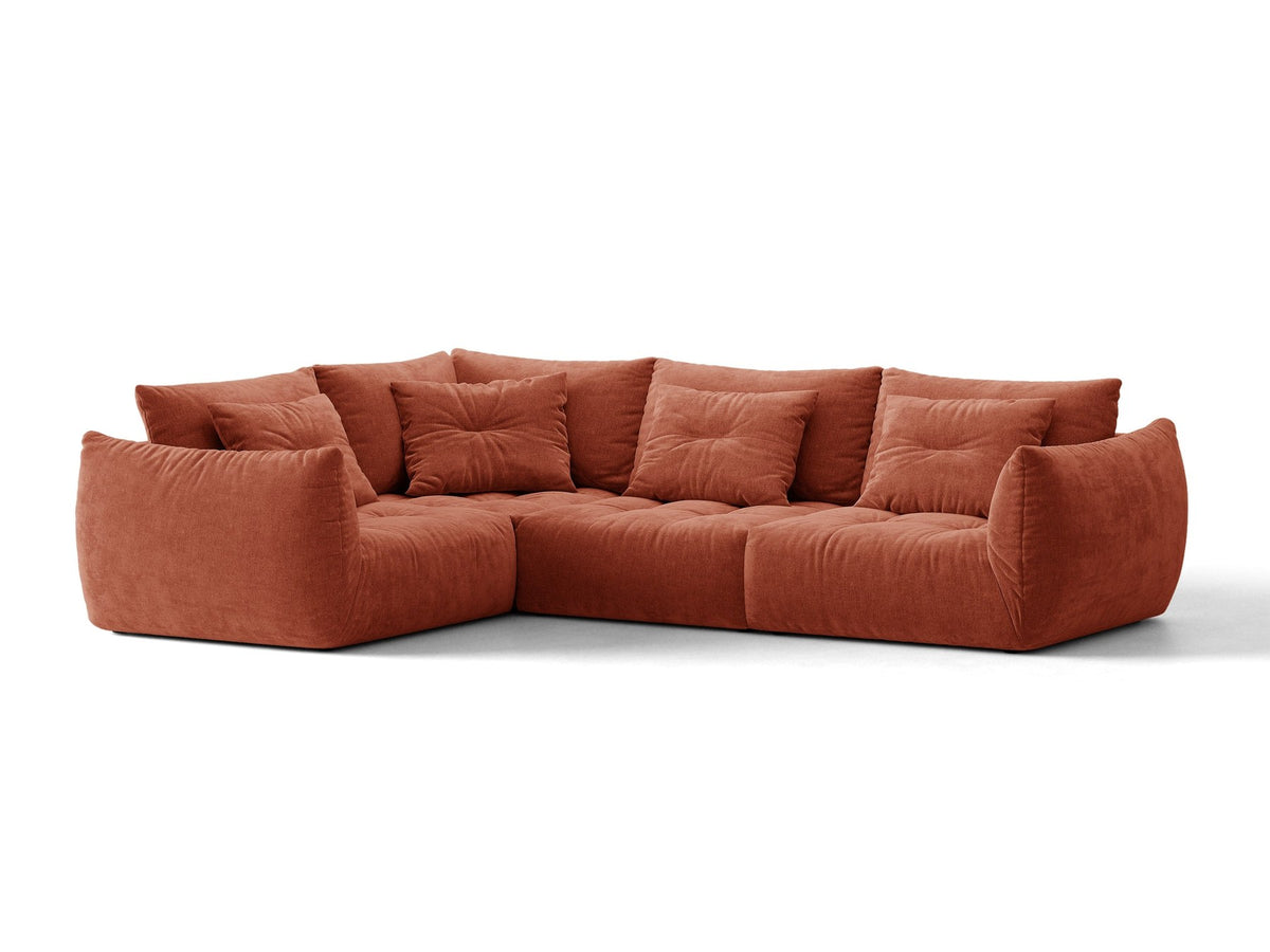Modulares Ecksofa links Bloom von Micadoni in leichtem Beige, Veloursstoff Casino Pearl, schwarze Kunststoffbeine, tiefe Sitzfläche.