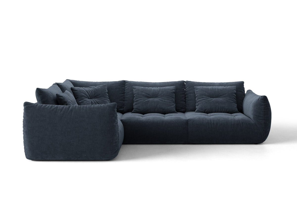 Modulares Ecksofa links Bloom von Micadoni in leichtem Beige, Veloursstoff Casino Pearl, schwarze Kunststoffbeine, tiefe Sitzfläche.