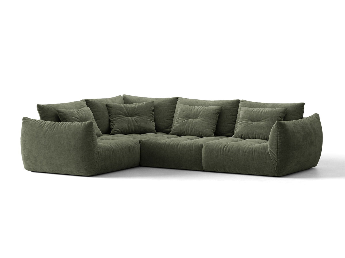 Modulares Ecksofa links Bloom von Micadoni in leichtem Beige, Veloursstoff Casino Pearl, schwarze Kunststoffbeine, tiefe Sitzfläche.