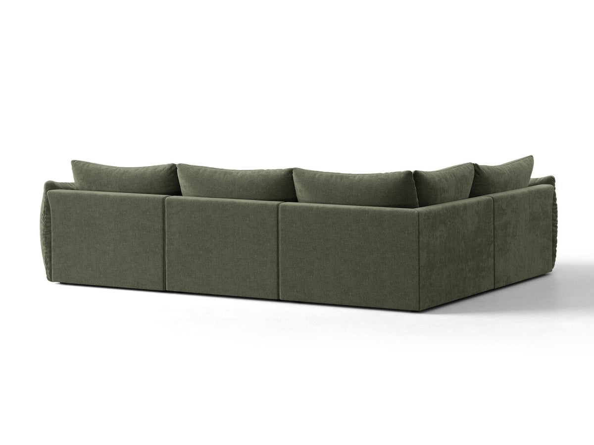 Modulares Ecksofa links Bloom von Micadoni in leichtem Beige, Veloursstoff Casino Pearl, schwarze Kunststoffbeine, tiefe Sitzfläche.
