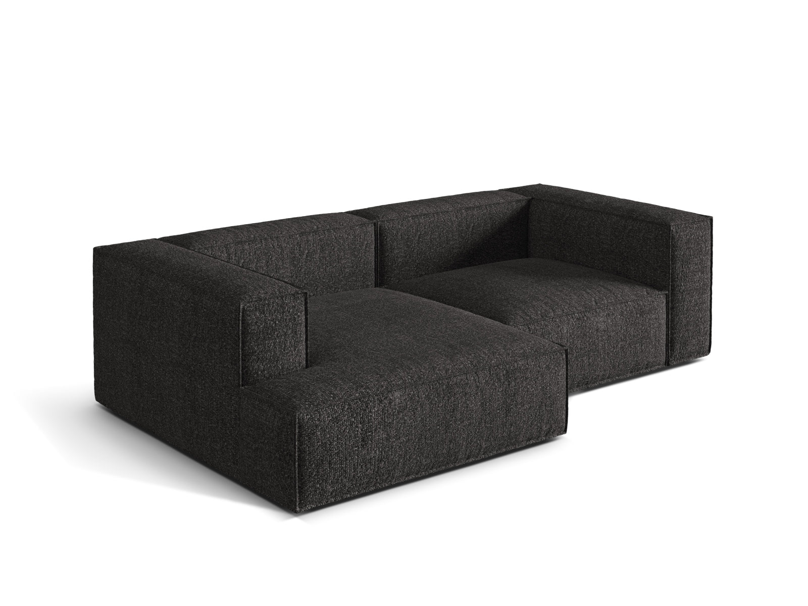 Stylisches Nuria Boucle Ecksofa in Anthrazit, perfekt für zeitgemäße Interiors, vereint Funktionalität und Design als 3-Sitzer auf der linken Seite.