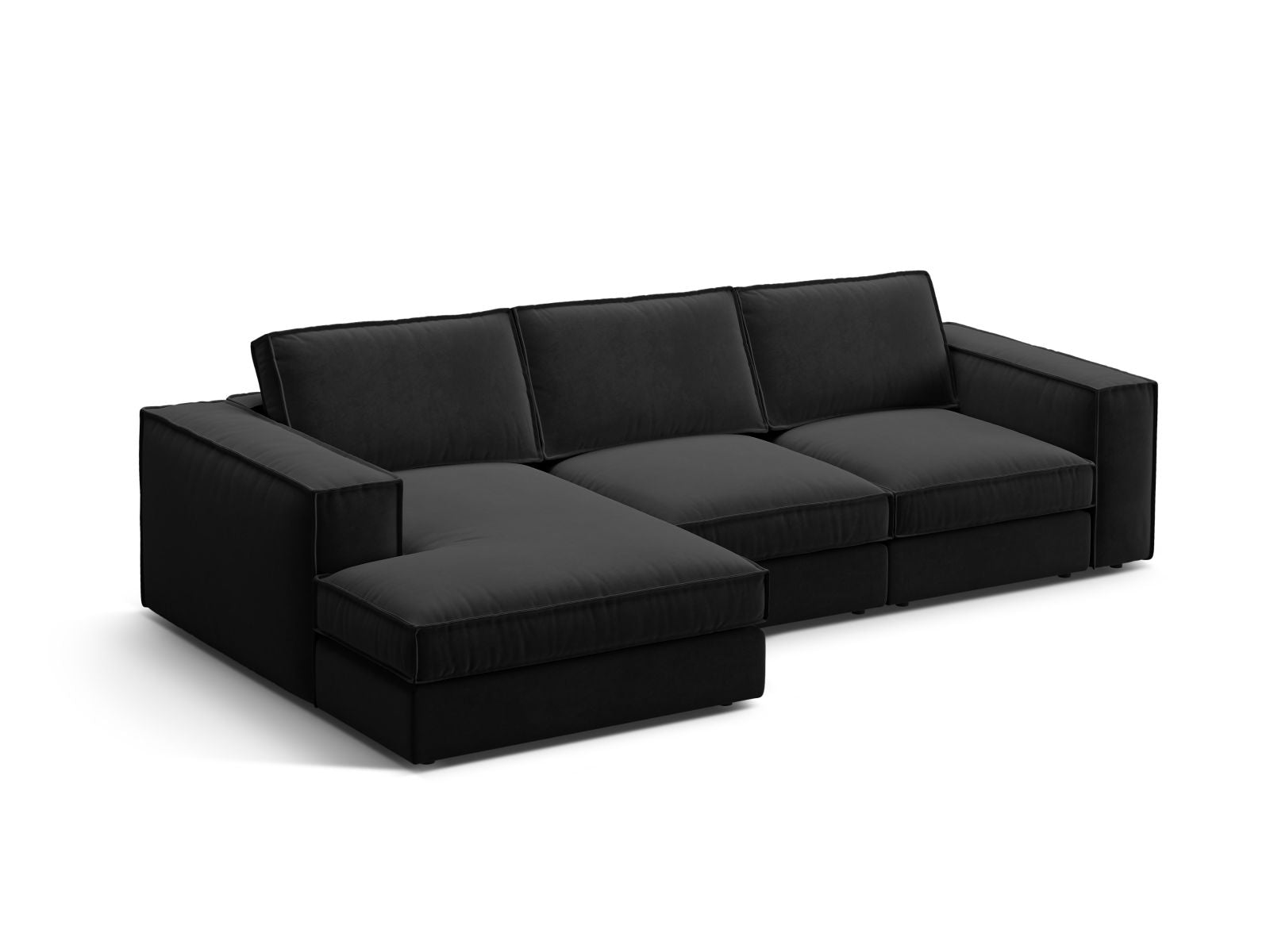 Elegantes 3-Sitzer Ecksofa Pola in Schwarz, ideal für moderne Wohnräume. Modular und vielseitig einsetzbar, von Micadoni.