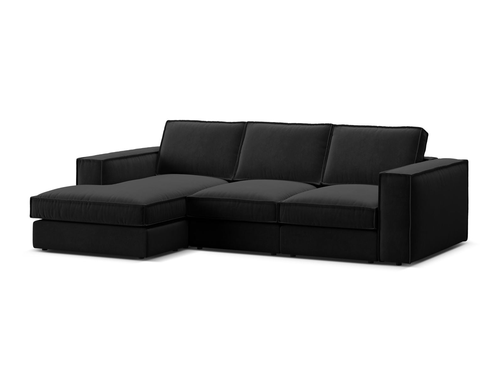 Elegantes 3-Sitzer Ecksofa Pola in klassischem Schwarz, ideal für moderne Wohnräume. Modular und vielseitig für optimalen Sitzkomfort.