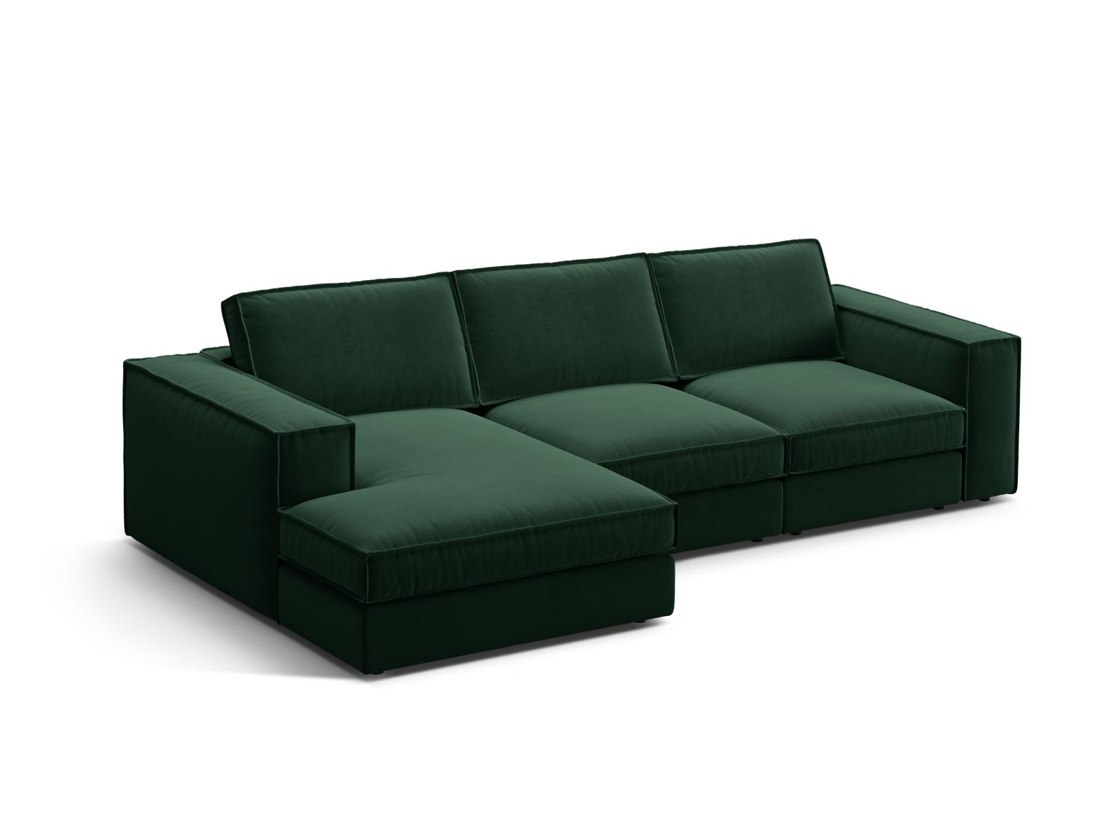 Elegantes 3-Sitzer Ecksofa links Pola in Flaschengrün, ideal für stilvolle Wohnräume, erhältlich bei KAQTU Design AG.