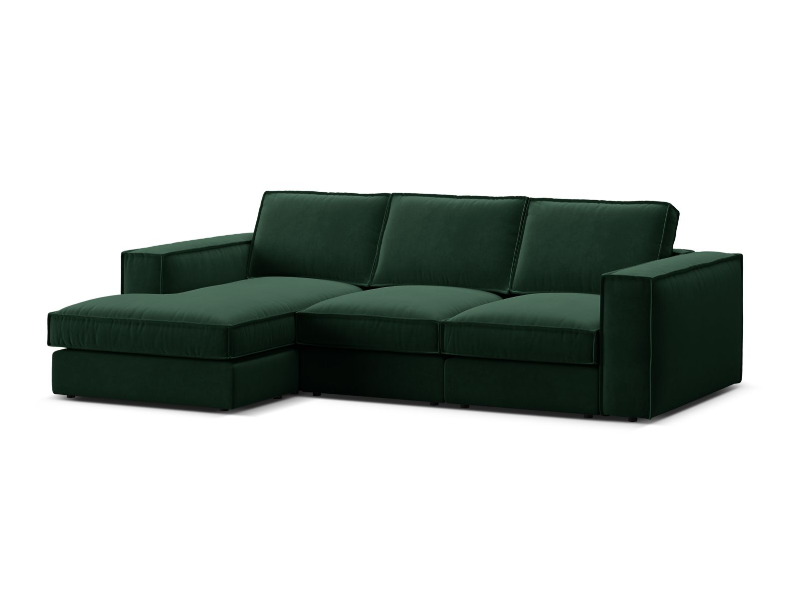 Elegantes 3-Sitzer Ecksofa links Pola in stilvollem Flaschengrün, ideal für stilvolle Wohnräume und entspannende Momente.