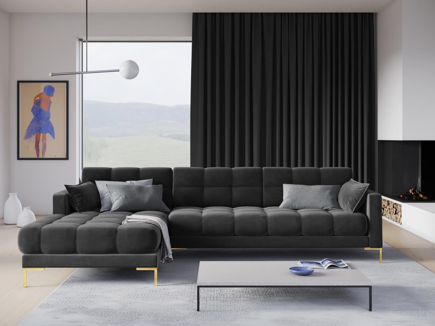 Mamaia Velour Ecksofa links 5 Sitzer in Dark Grey/Gold präsentiert im Onlineshop von KAQTU Design AG. Ecksofa links ist von Micadoni