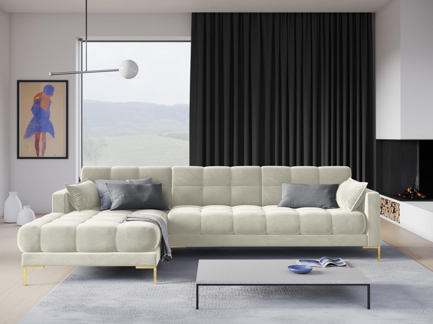 Mamaia Velour Ecksofa links 5 Sitzer in Light Beige/Gold präsentiert im Onlineshop von KAQTU Design AG. Ecksofa links ist von Micadoni