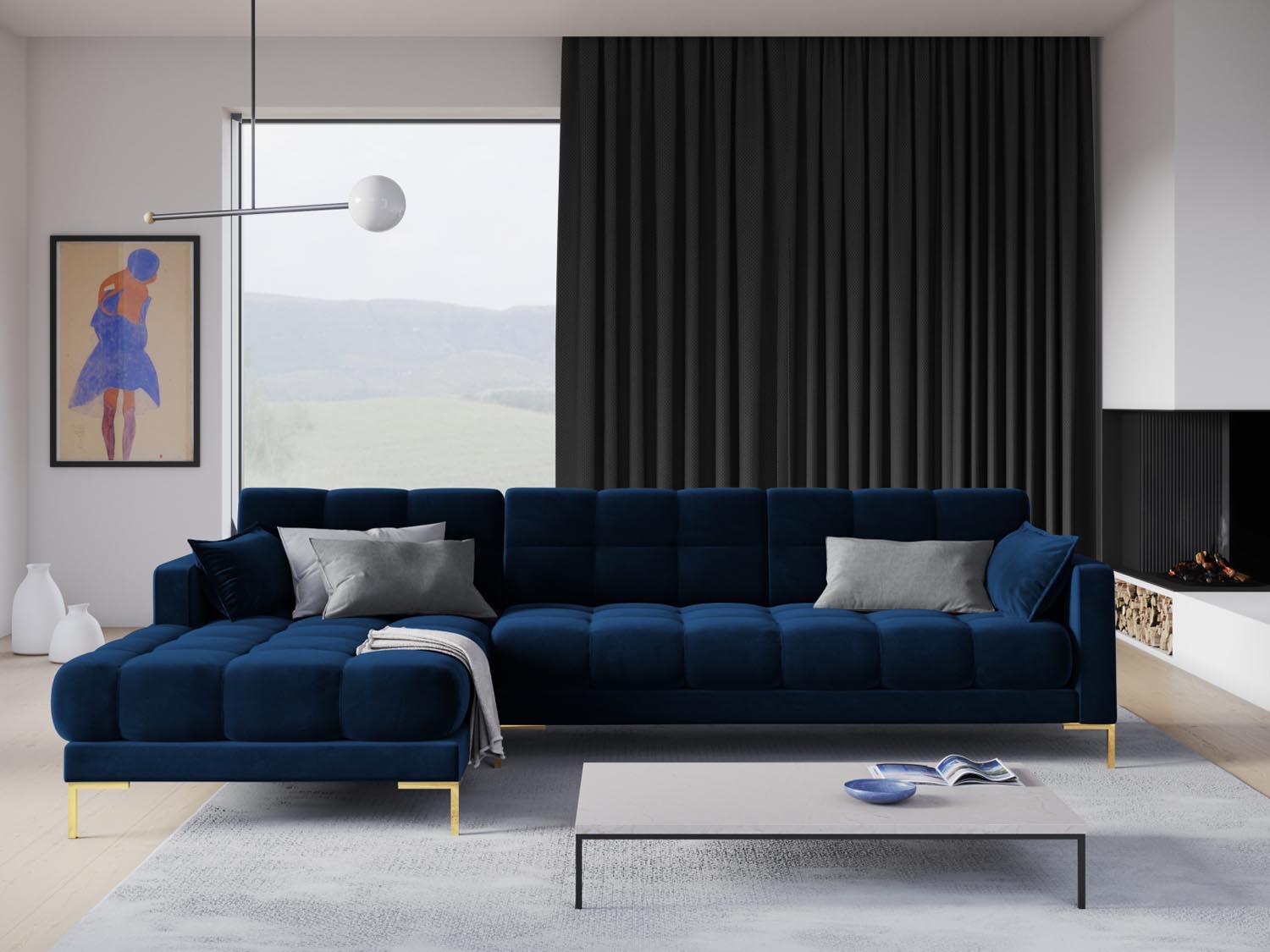 Mamaia Velour Ecksofa links 5 Sitzer in Royal Blue/Gold präsentiert im Onlineshop von KAQTU Design AG. Ecksofa links ist von Micadoni