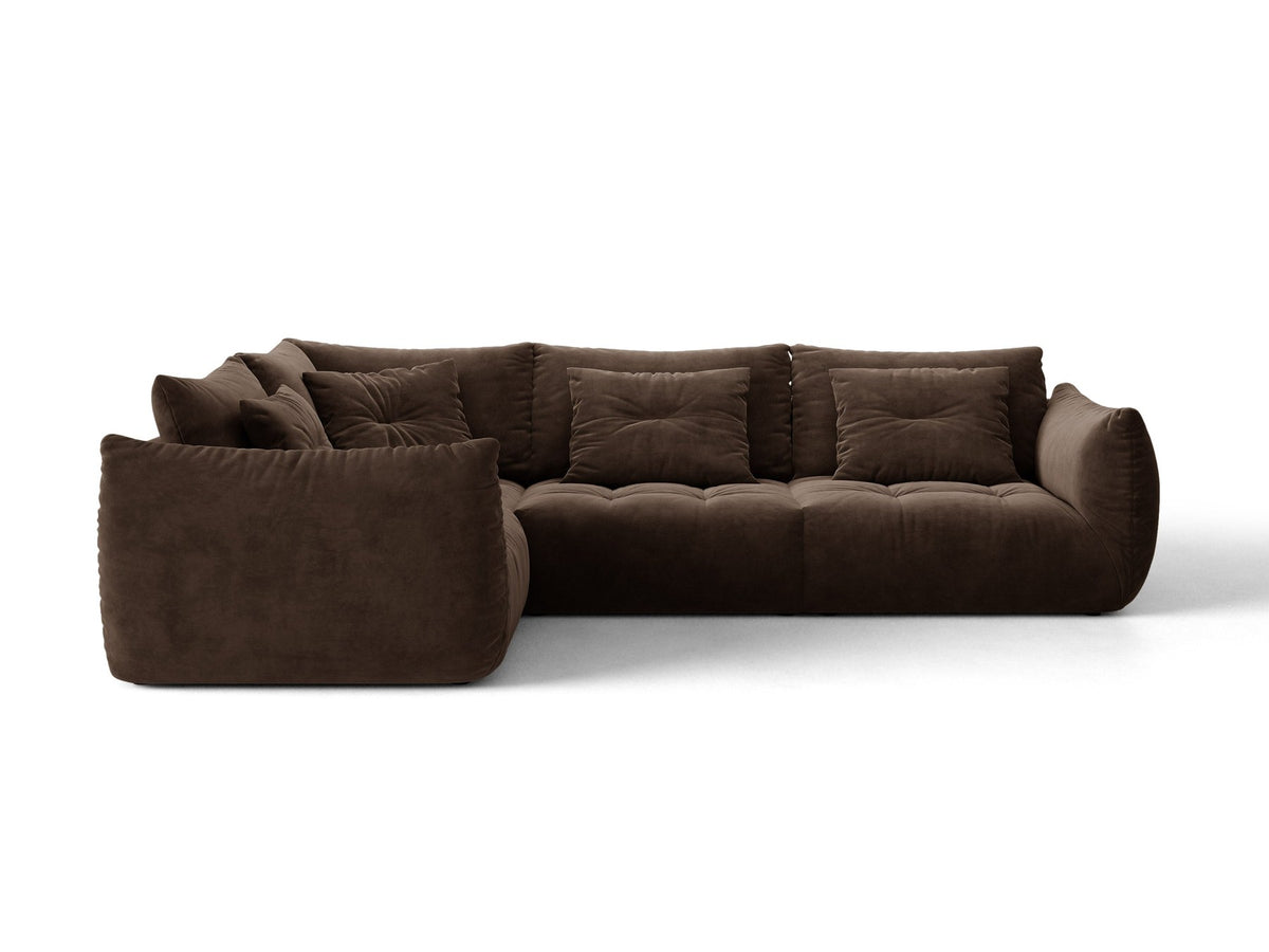 Modulares Ecksofa links Bloom von Micadoni in leichtem Beige, Veloursstoff Casino Pearl, schwarze Kunststoffbeine, tiefe Sitzfläche.