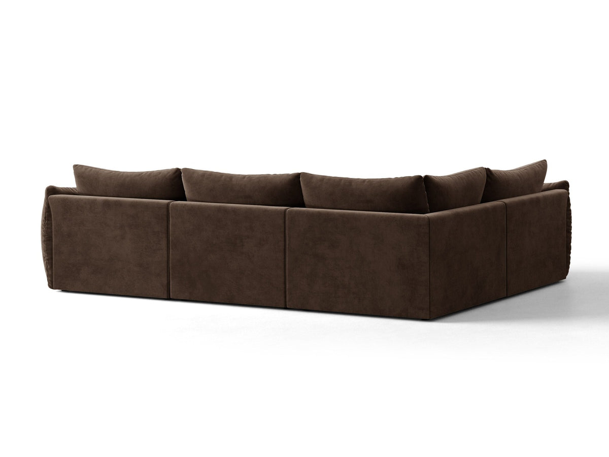 Modulares Ecksofa links Bloom von Micadoni in leichtem Beige, Veloursstoff Casino Pearl, schwarze Kunststoffbeine, tiefe Sitzfläche.