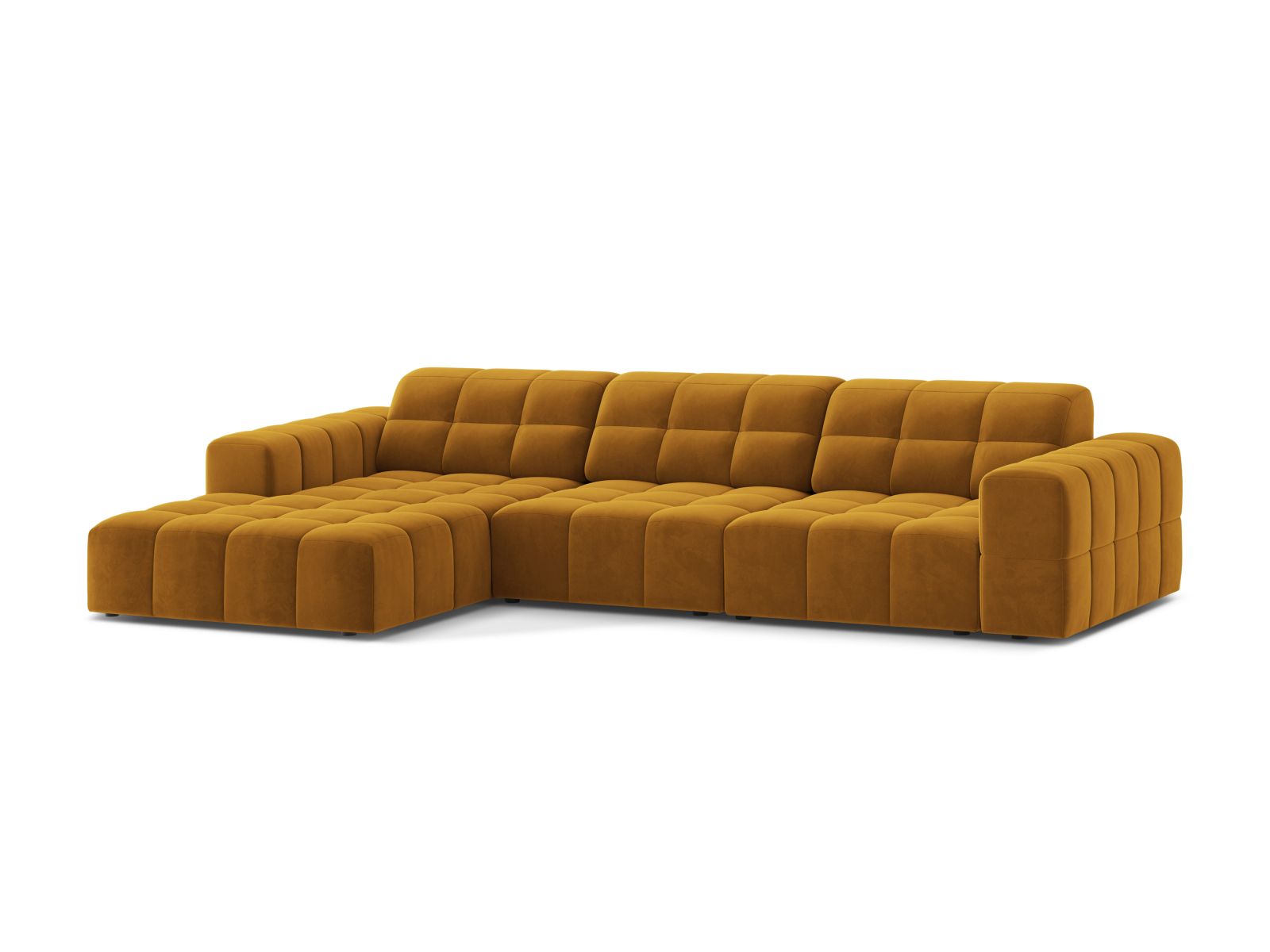 Stylisches 4-Sitzer Ecksofa links Jennifer in modernem Gelb-Bluvel, ideal für gemütliche Wohnräume und entspannte Abende.