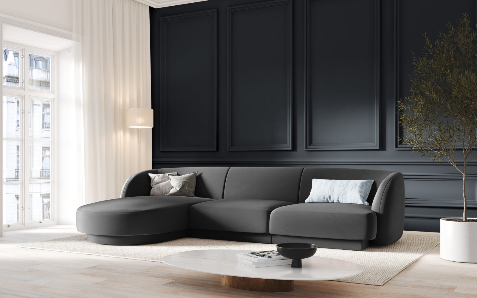 Elegantes Miley Velour Ecksofa links in stilvollem Grau-Blau, ideal für moderne Wohnräume und gemütliche Abende.