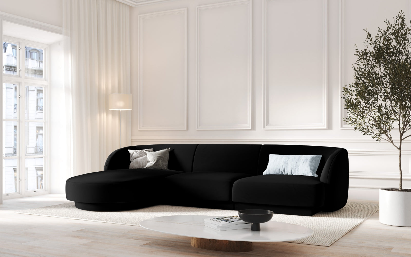 Elegantes Miley Velour Ecksofa links, 4-Sitzer in stilvollem Design, ideal für moderne Wohnräume, präsentiert von Micadoni.