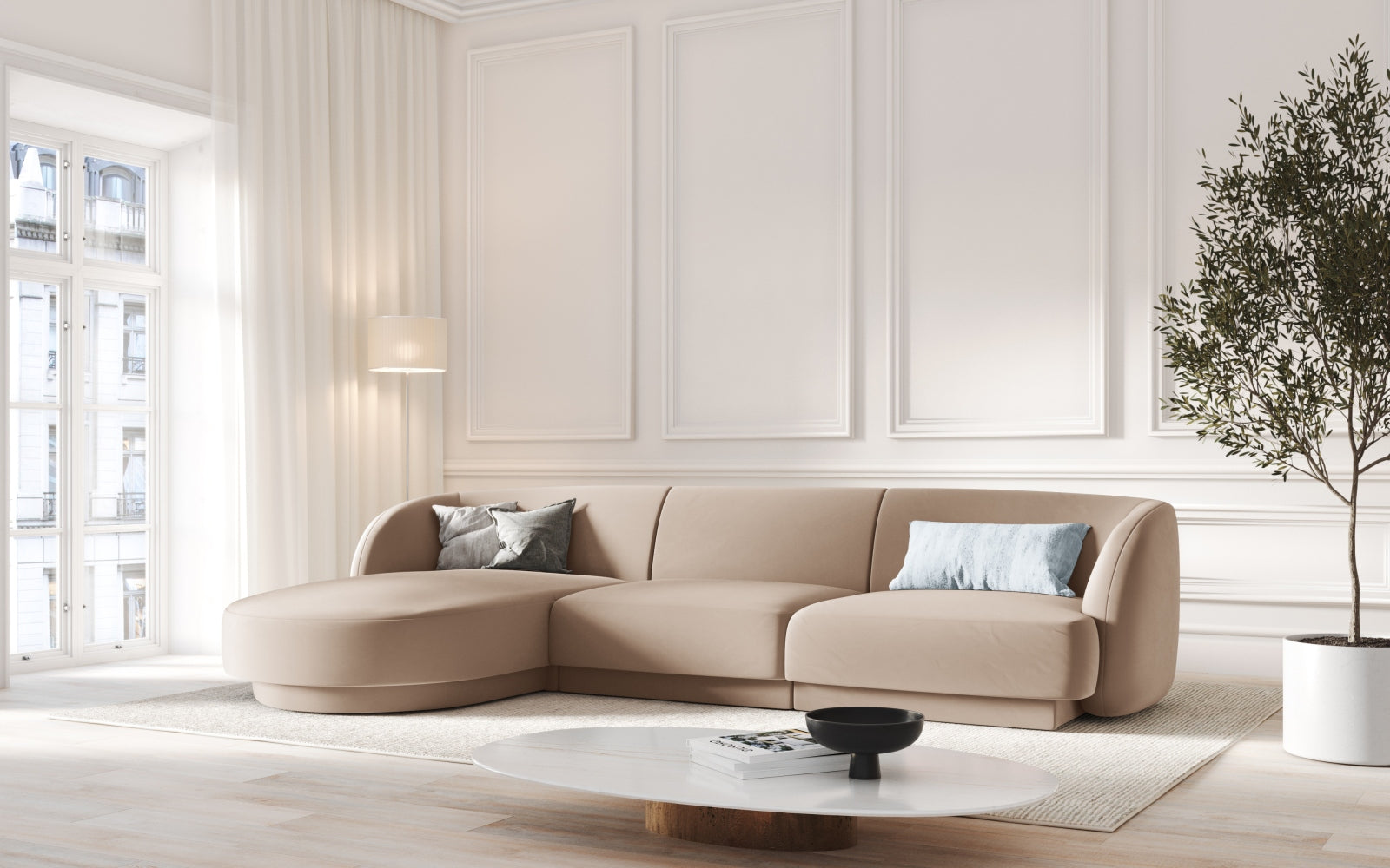 Elegantes Miley Velour Ecksofa links, 4-Sitzer in stilvollem Cappuccino-Bluvel, ideal für moderne Wohnräume.