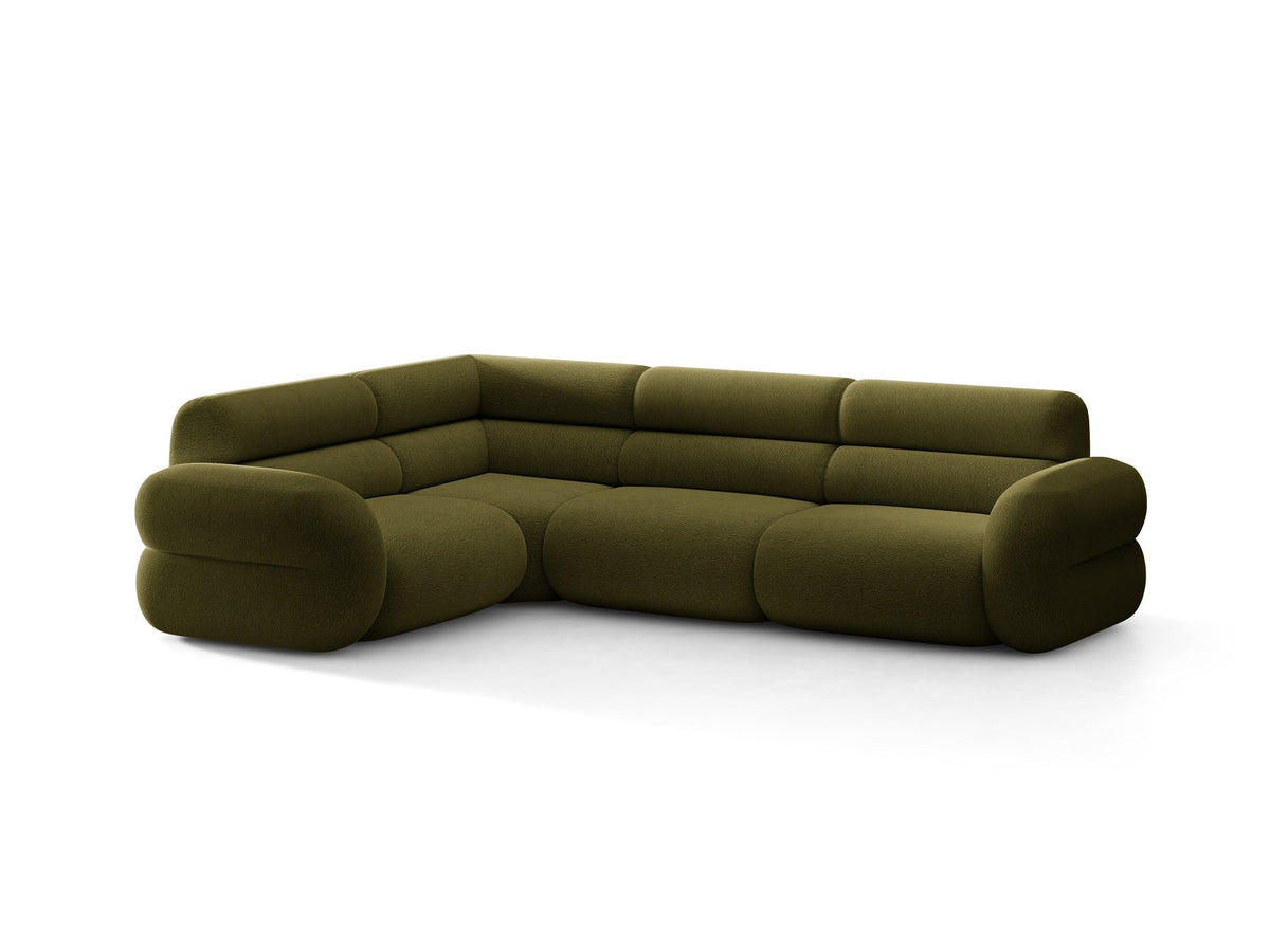 Micadoni Neo Linkes Ecksofa in Dunklem Olivgrün, L-Sofa links mit tiefer Sitzfläche, hoher Rückenlehne und schwarzen Kunststoffbeinen.