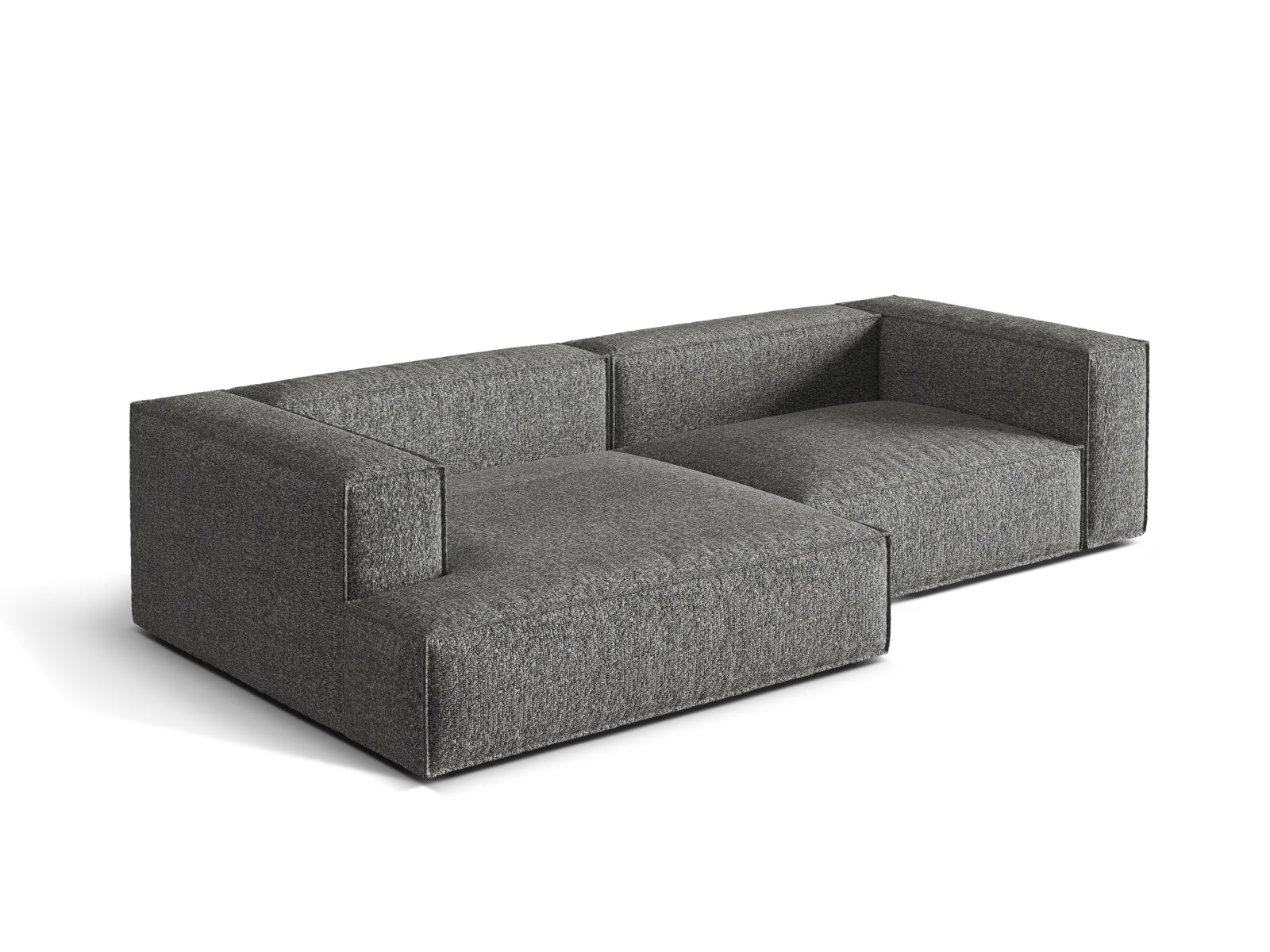 Elegantes Nuria Boucle L-Sofa links, 4-Sitzer in Graphit, perfekt für stilvolle Wohnzimmer und gemütliche Entspannung.
