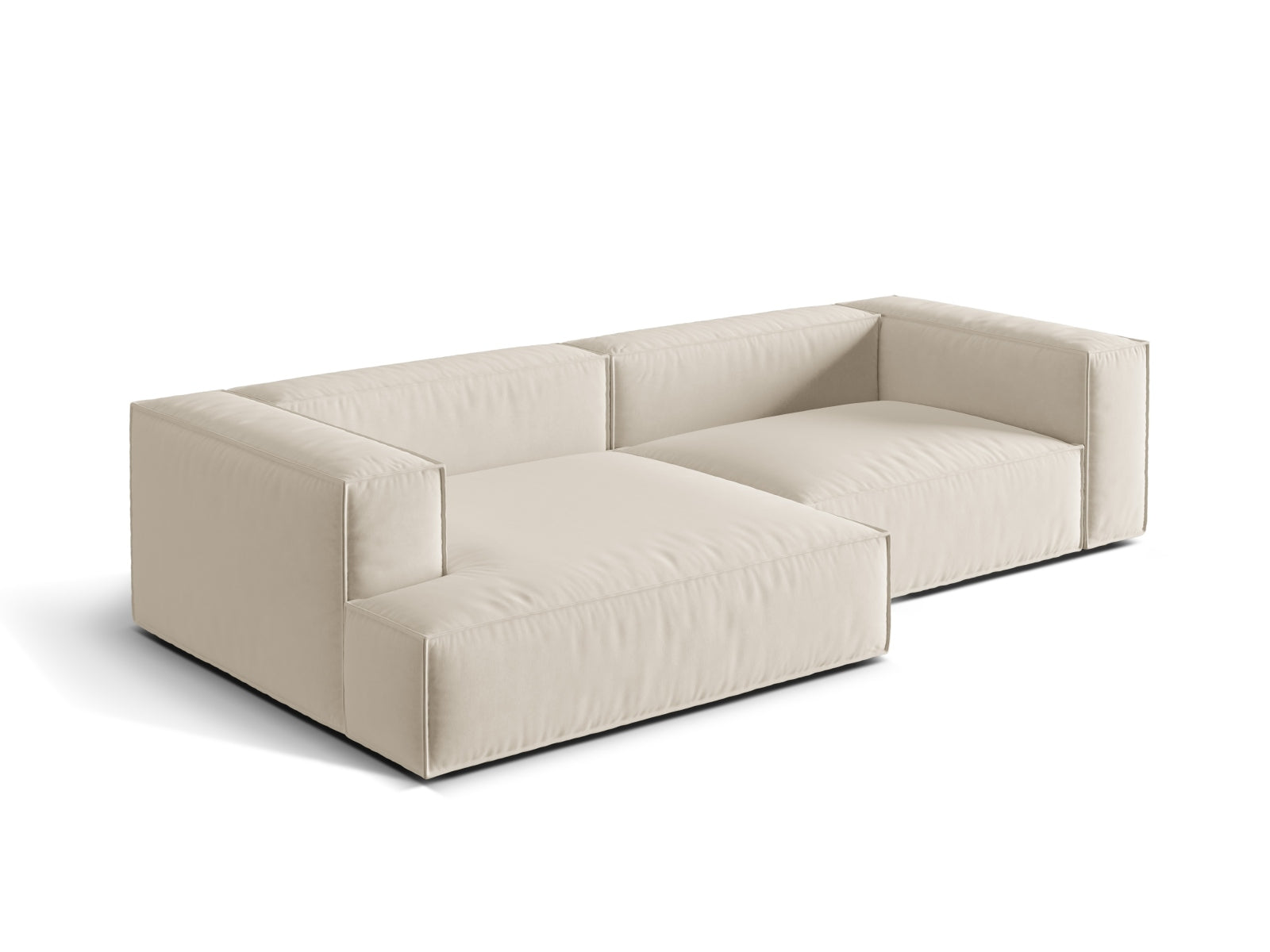 Elegantes, beiges Nuria Velour Ecksofa links, 4-Sitzer von Micadoni, perfekt für stilvolle und gemütliche Wohnambiente.