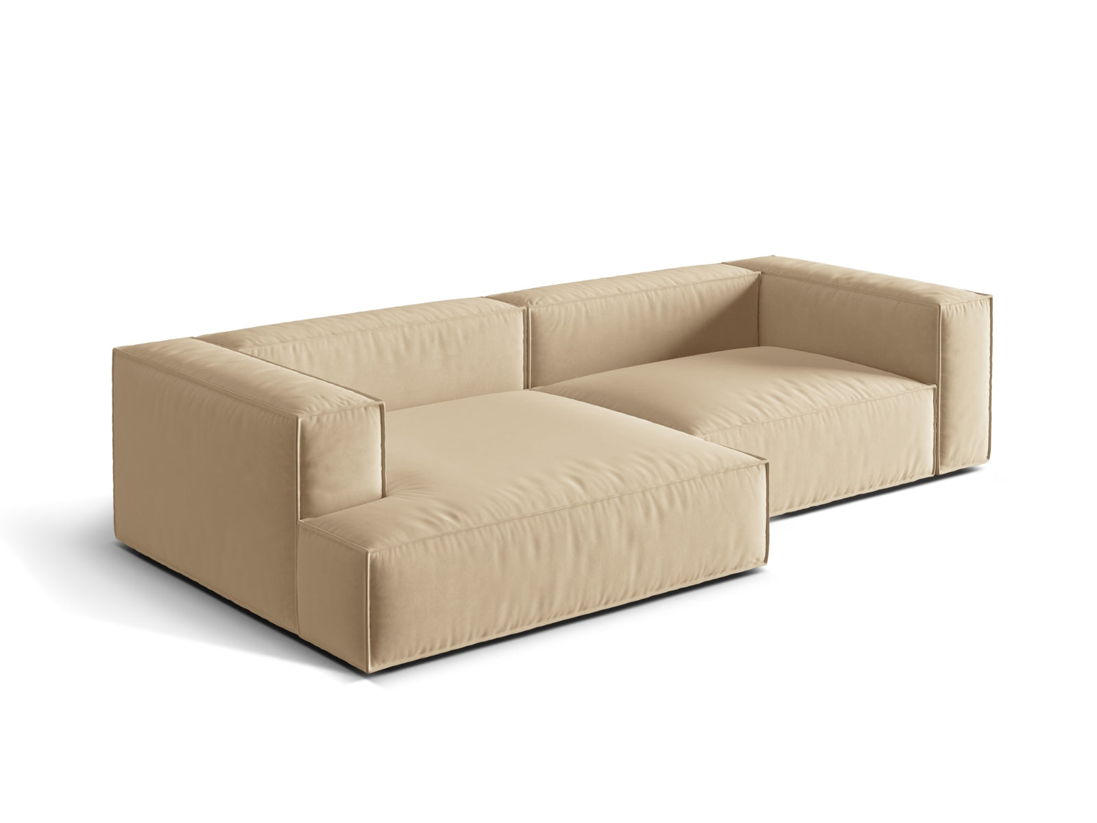 Modulares Nuria Velour Ecksofa in sanftem Nude-Ton, 4-Sitzer, linksseitig, perfekt für moderne und gemütliche Wohnambiente.