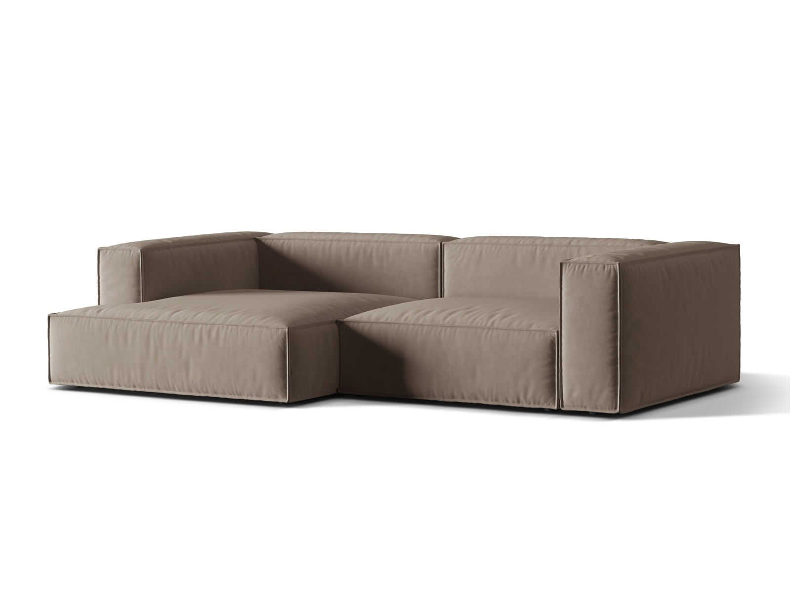Elegantes Nuria Velour Ecksofa in Warm Grey, linksseitig, ideal für stilvolle Wohnräume. Modular und komfortabel, perfekt für gesellige Abende.