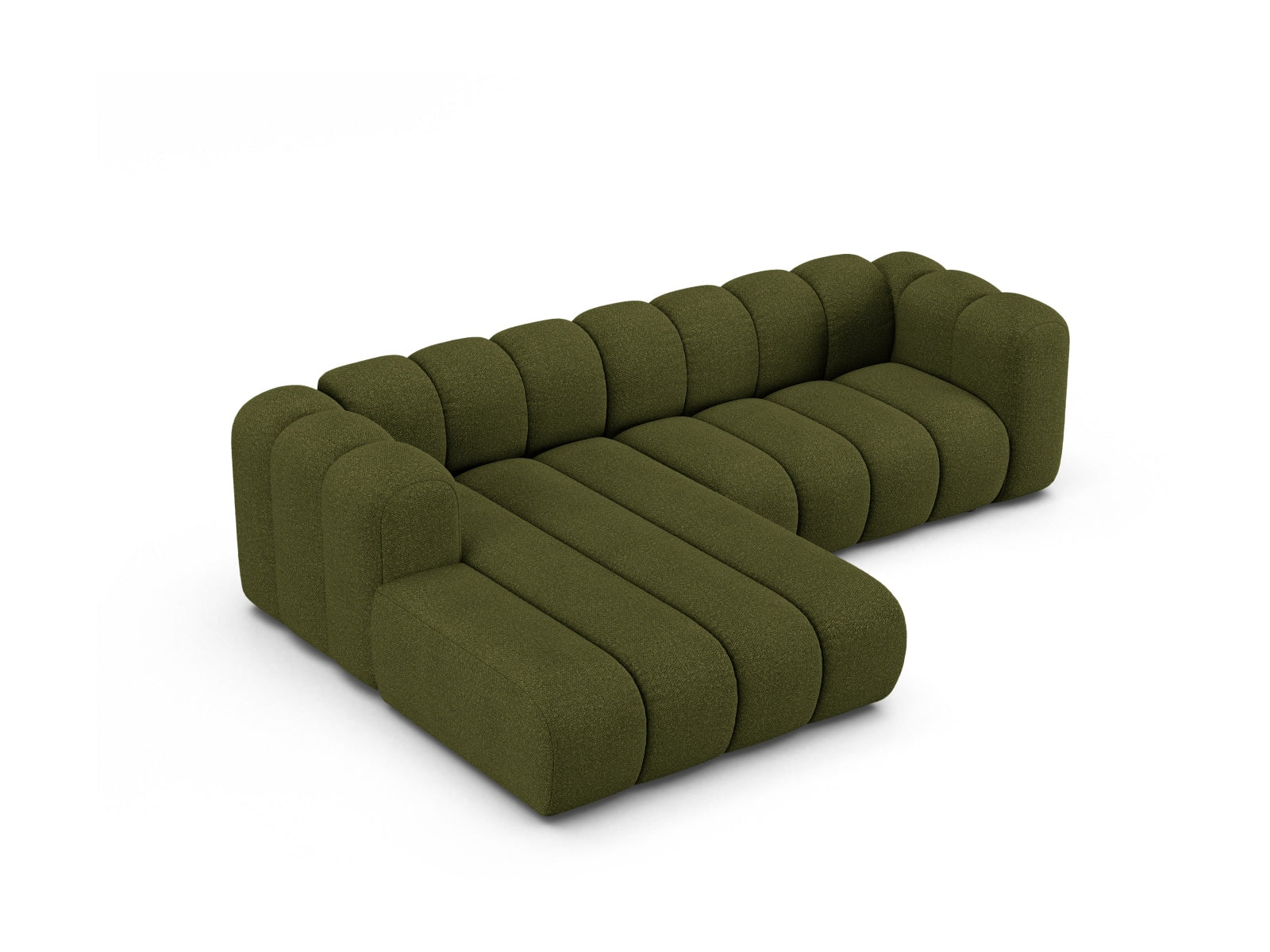Modernes 4-Sitzer Ecksofa Lupine Boucle links in Dunkeloliv, perfekt für gemütliche und stilvolle Wohnambiente von Micadoni.