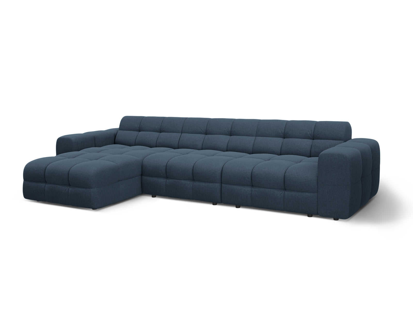 Modernes Kendal Ecksofa links in tiefem Blau, 5-Sitzer, perfekt für gemütliche Wohnzimmer und stilvolle Einrichtung von Micadoni.