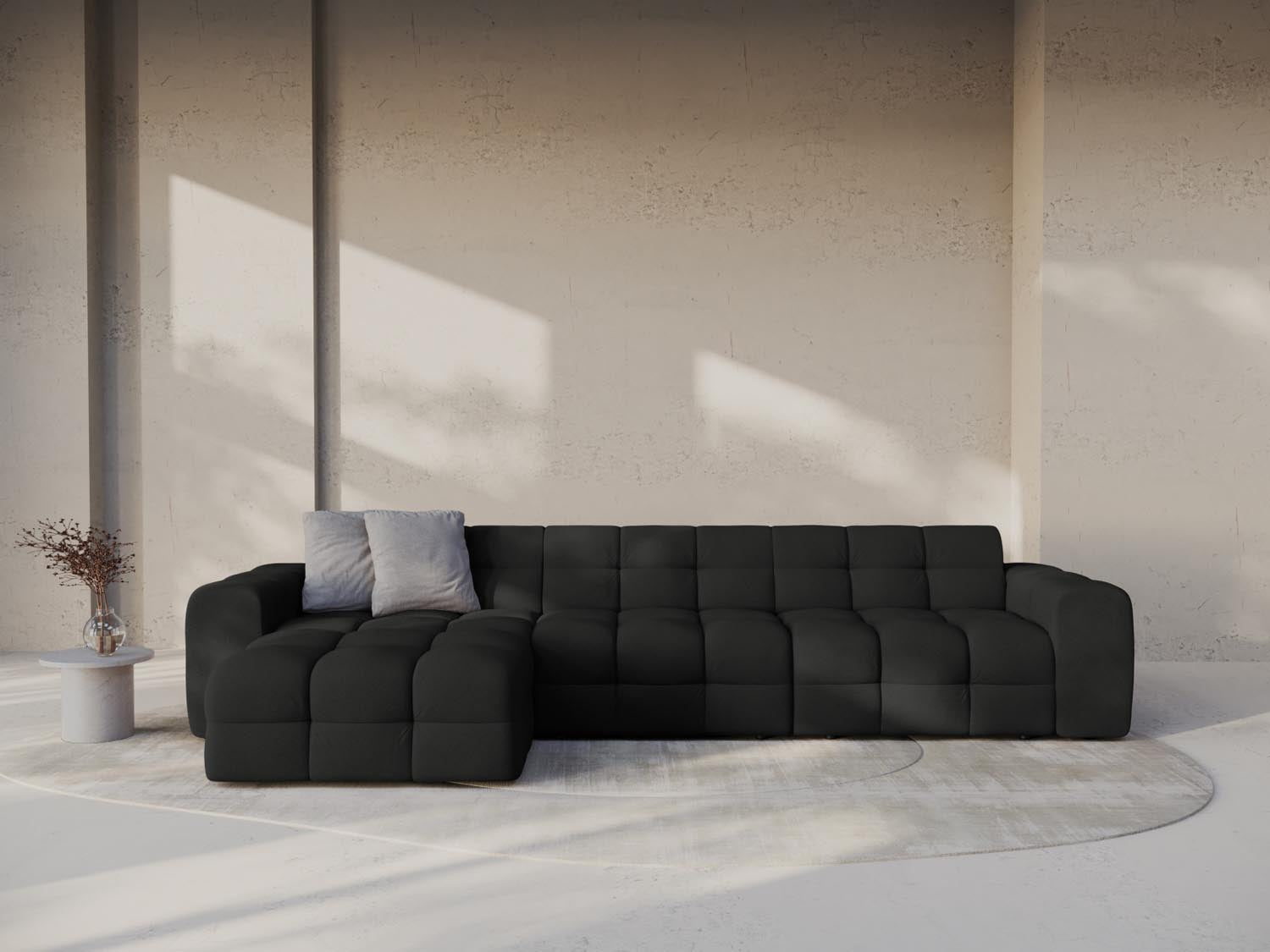 Elegantes Kendal Ecksofa links, 5-Sitzer in stilvollem Schwarz, ideal für moderne Wohnräume, präsentiert von Micadoni.