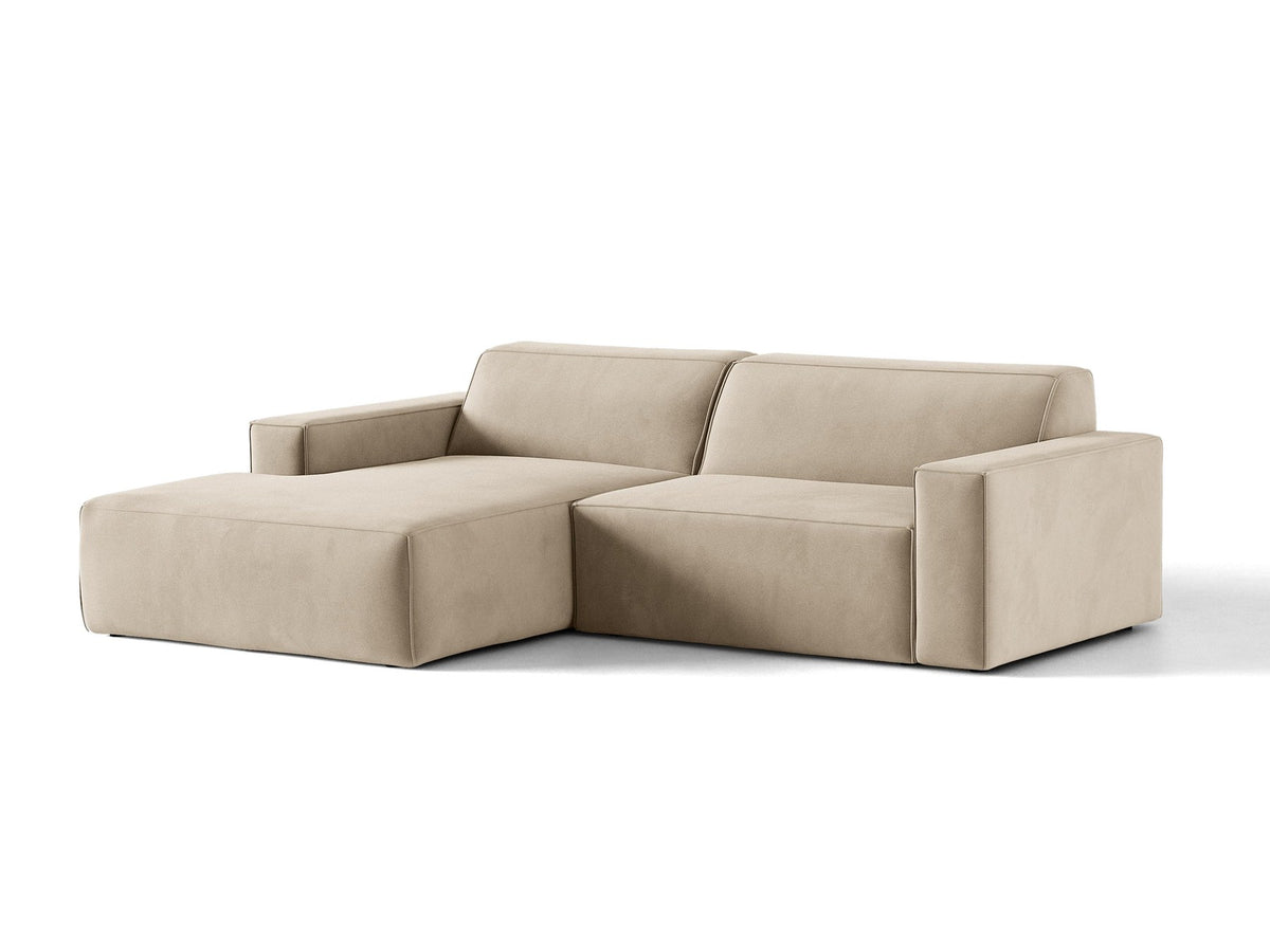 Modulares Ecksofa links Jodie mit Meridienne, Stoffbezug und schwarzen Beinen